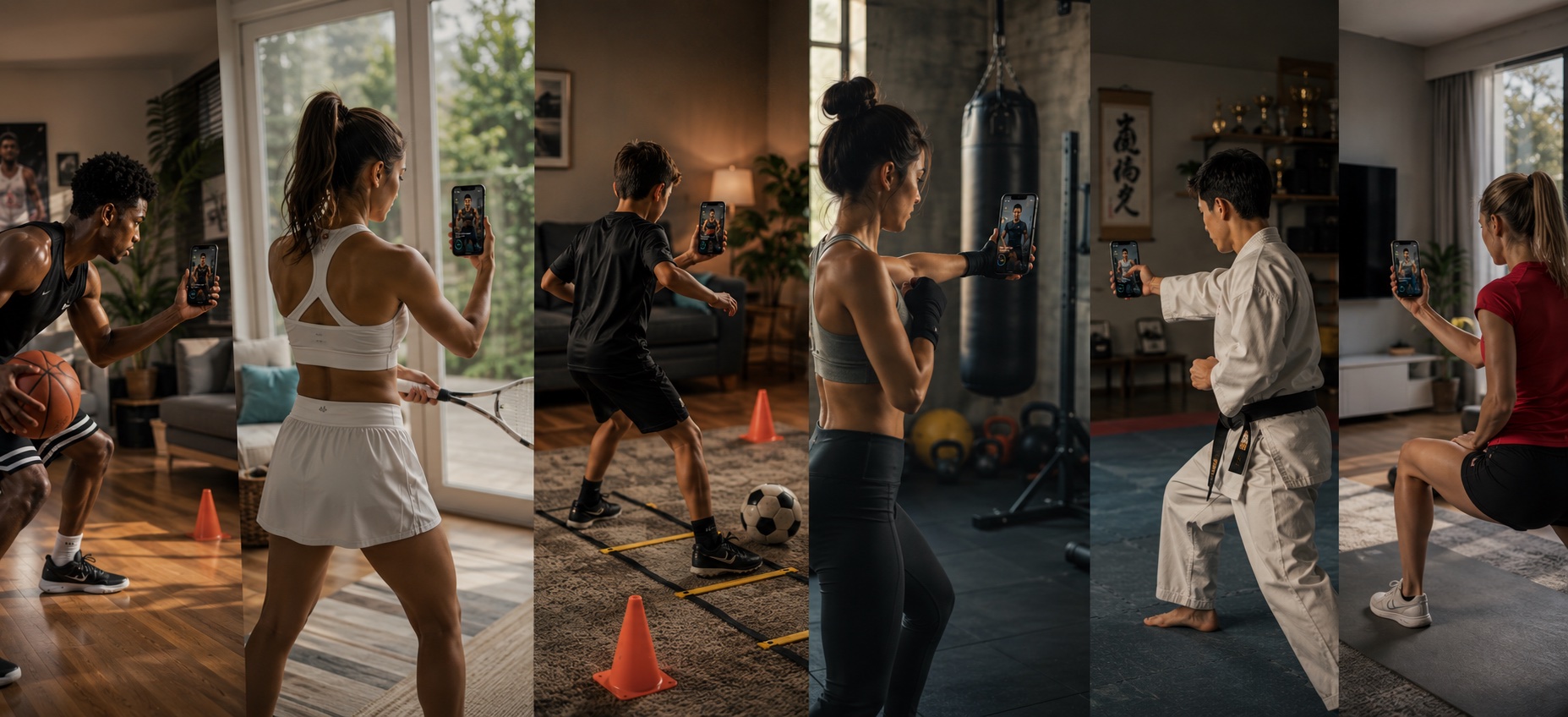 People of all ages training with AIVATAR on their phone — basketball, tennis, football, boxing and karate
