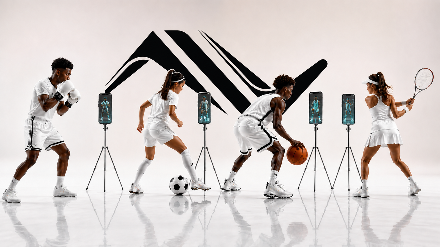 Boxing, football, basketball and tennis athletes training with their AIVATAR coaches on smartphones, with the AIVATAR symbol behind them
